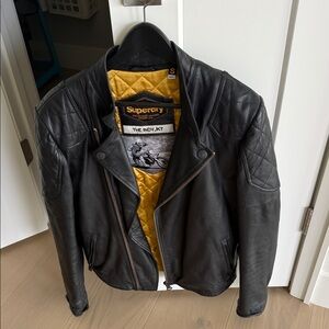 Superdry Black Leather Bomber Jacket with Yellow Lining